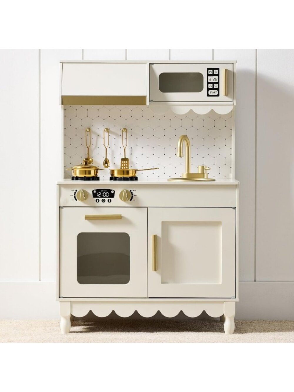 Wooden Cottage Play Kitchen for Toddlers - Fun Pretend Play Set, Cream Color